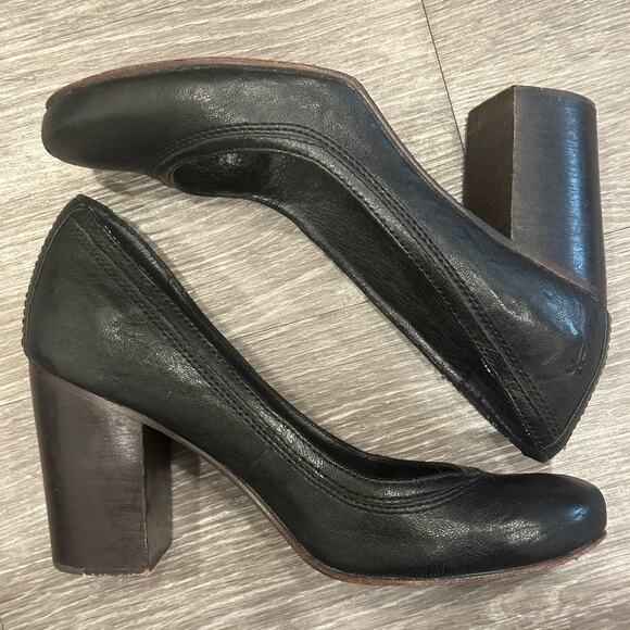 Frye Carson Leather Block Heel Pump Black Round Toe Classic Preppy Mod Retro 8.5 - Picture 5 of 8